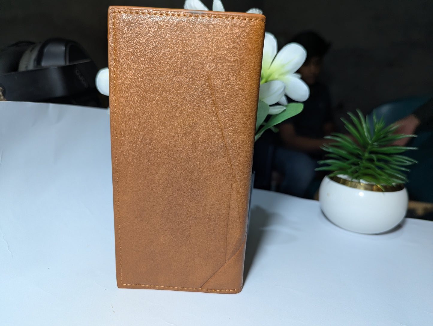 The Modern Traveller: Tan Leather Trench Wallet with Geometric Fold Design