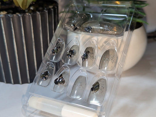 Dark Mist Clear Nails | Black Glitter & Metal Embellishments