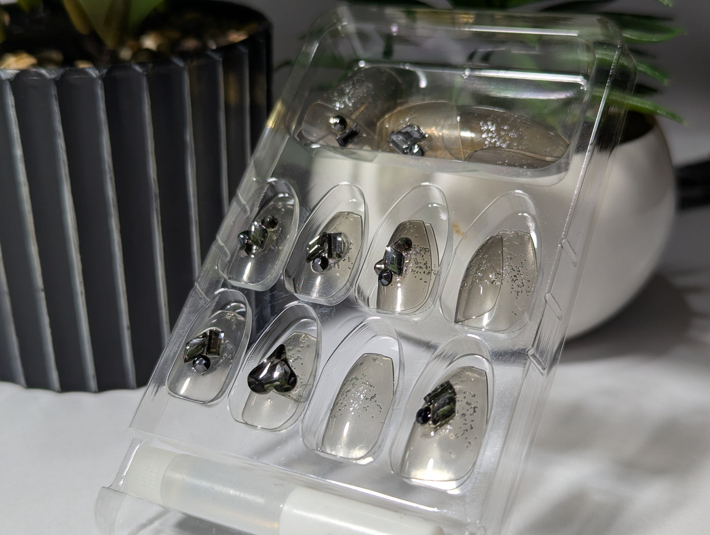 Dark Mist Clear Nails | Black Glitter & Metal Embellishments