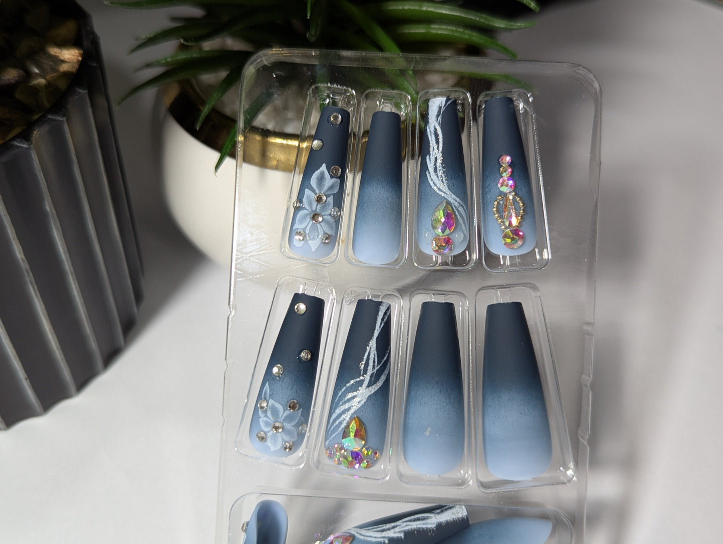 Glacier Blue Matte Nails with AB Crystal Jewels & White Floral Accents