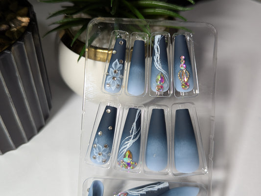 Glacier Blue Matte Nails with AB Crystal Jewels & White Floral Accents