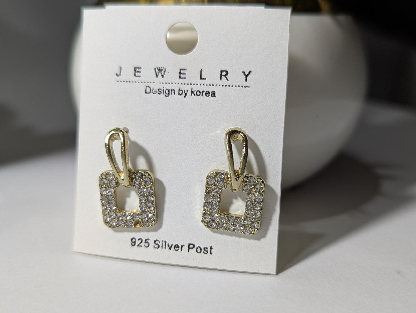 Korean Design Minimalist Pave Square Drop Earrings | Gold Tone
