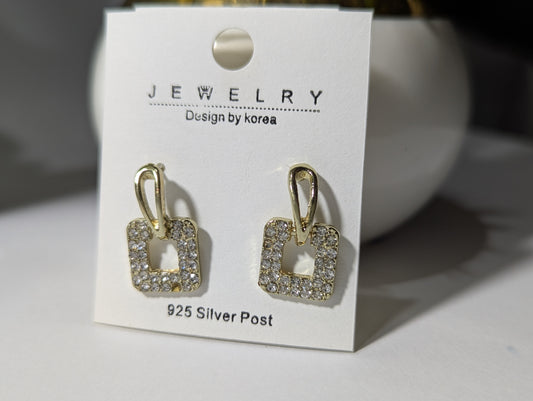 Korean Design Minimalist Pave Square Drop Earrings | Gold Tone