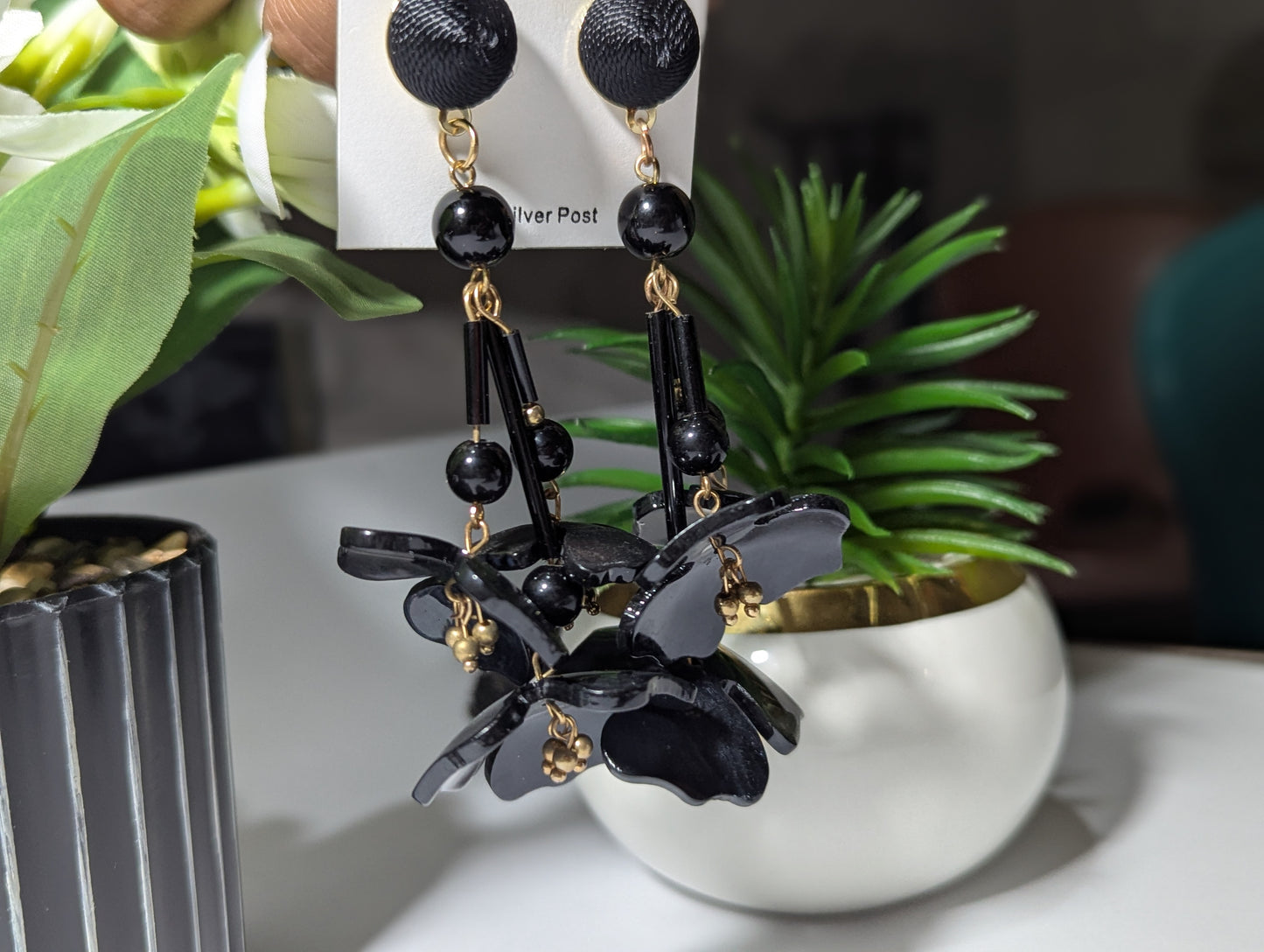 Dramatic Black Acrylic Flower Chandelier Earrings | Oversized Statement Dangles