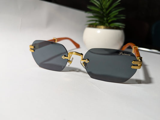 The Royal Look: Prince Rimless Sunglasses with Gold and Wood Accents