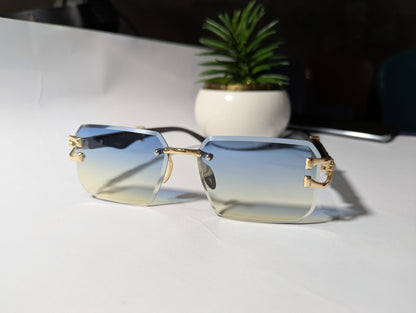 The Apex Predator: Gold & Black Rimless Sunglasses with Stylized Jaguar/Serpent Temples