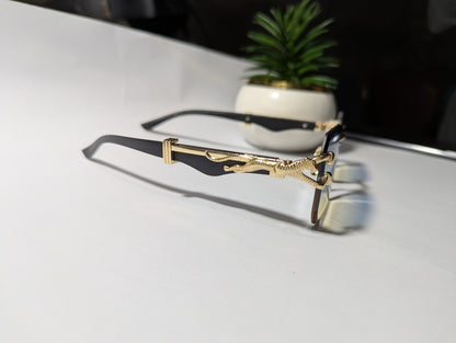 The Apex Predator: Gold & Black Rimless Sunglasses with Stylized Jaguar/Serpent Temples