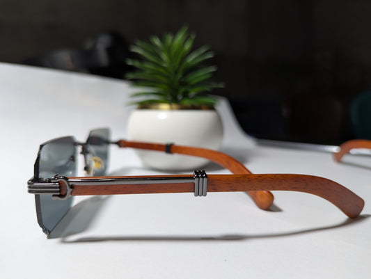 Urban Timber: Gunmetal & Wood-Look Rimless Sunglasses - 'Sun way' Edition