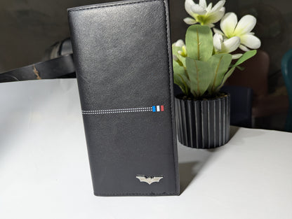 The Gotham Traveler: Sleek Black Leather Trench Wallet - Emblem Edition