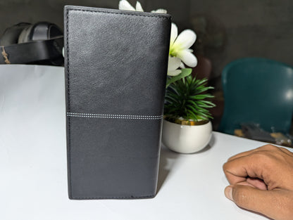 The Gotham Traveler: Sleek Black Leather Trench Wallet - Emblem Edition