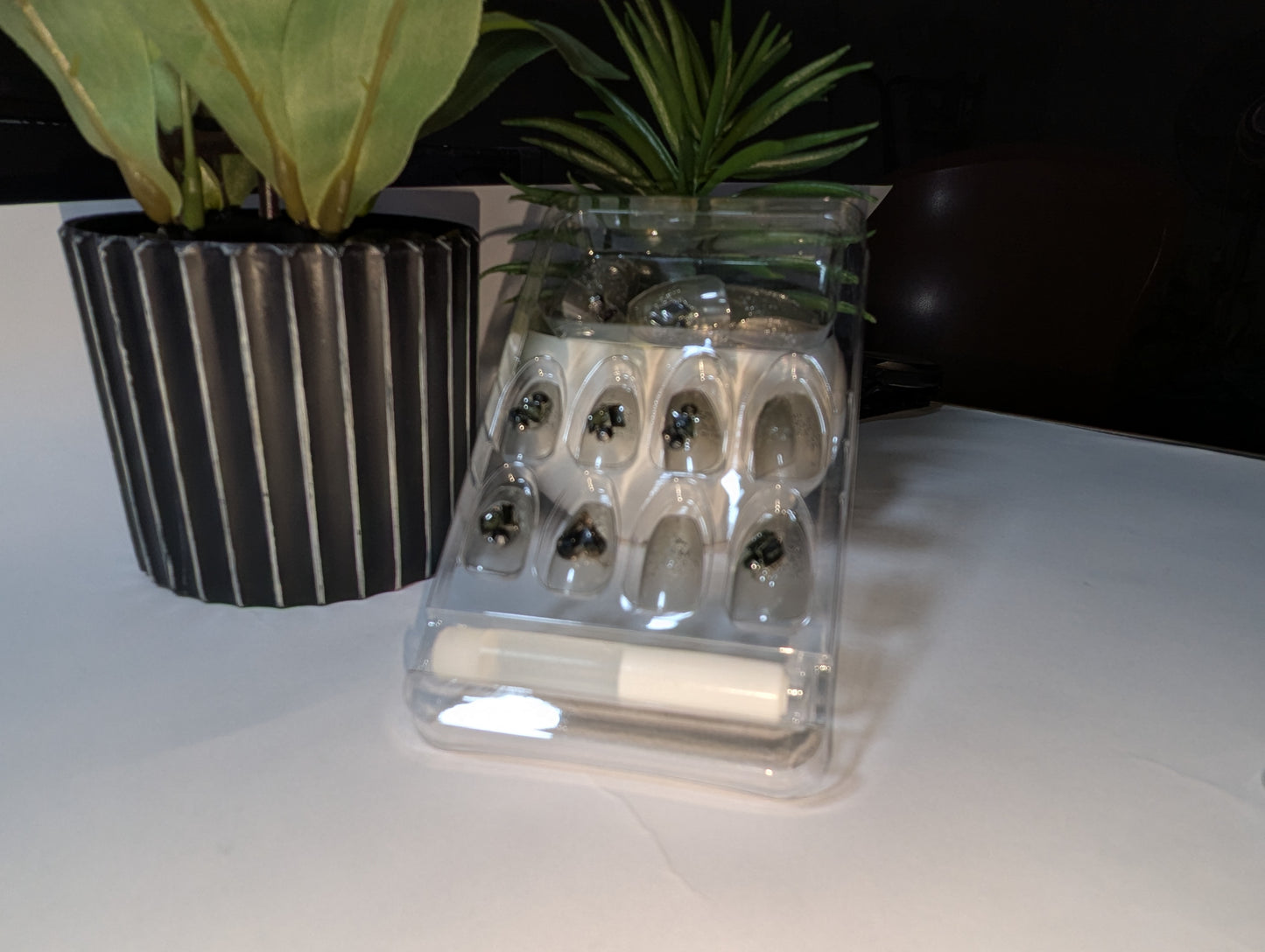 Dark Mist Clear Nails | Black Glitter & Metal Embellishments