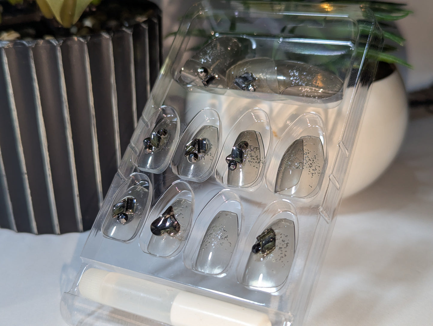 Dark Mist Clear Nails | Black Glitter & Metal Embellishments