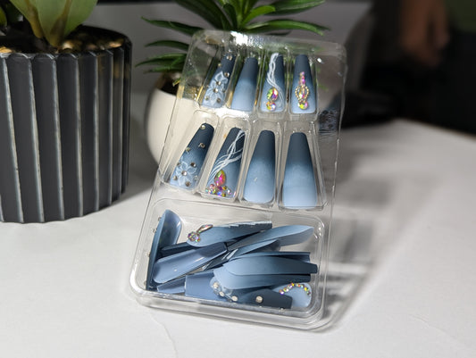 Glacier Blue Matte Nails with AB Crystal Jewels & White Floral Accents