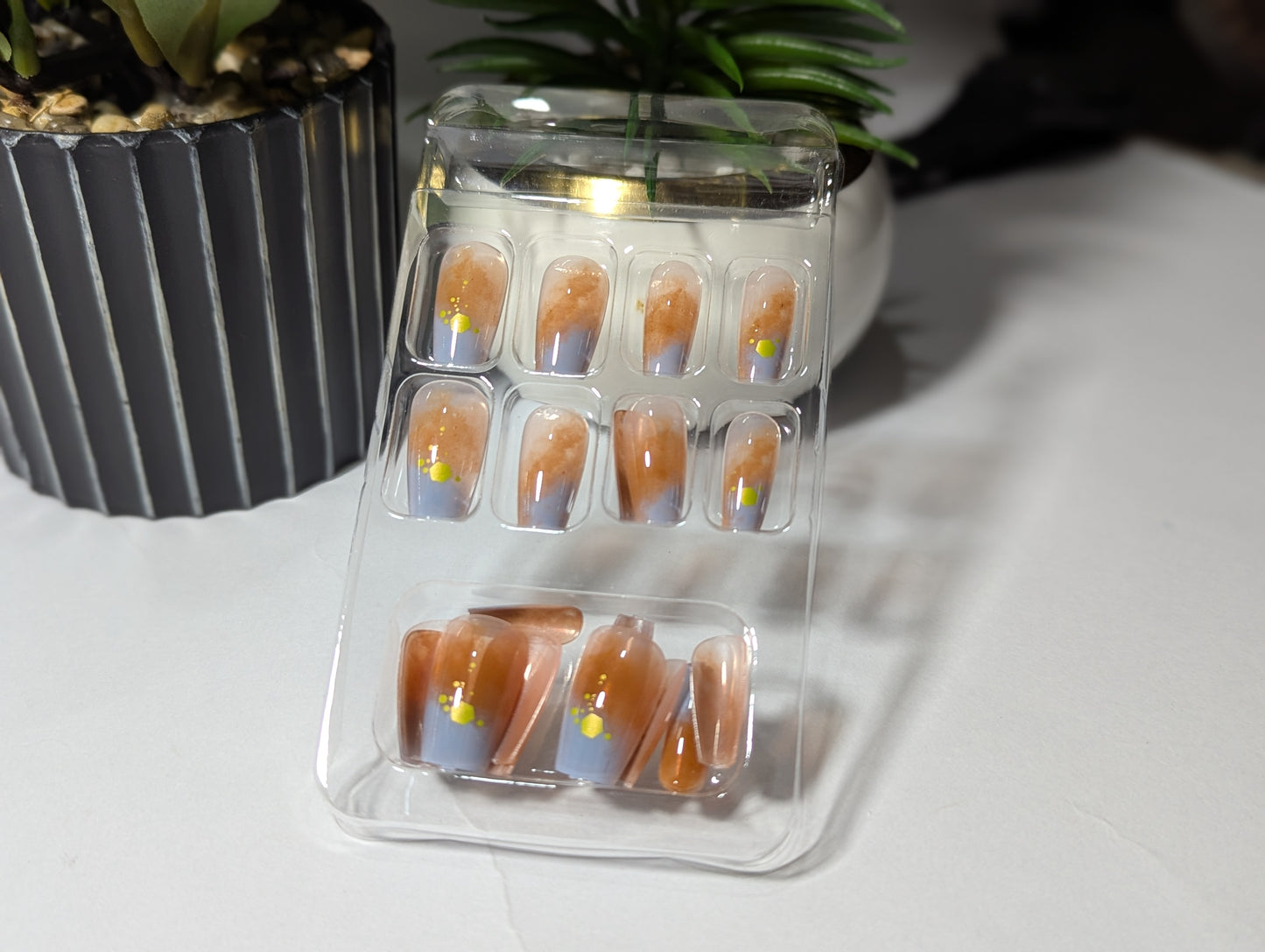 Abstract Watercolor Jelly Press-On Nails | Sunset Orange & Dusty Blue Art