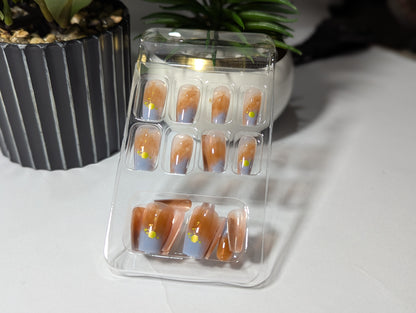 Abstract Watercolor Jelly Press-On Nails | Sunset Orange & Dusty Blue Art