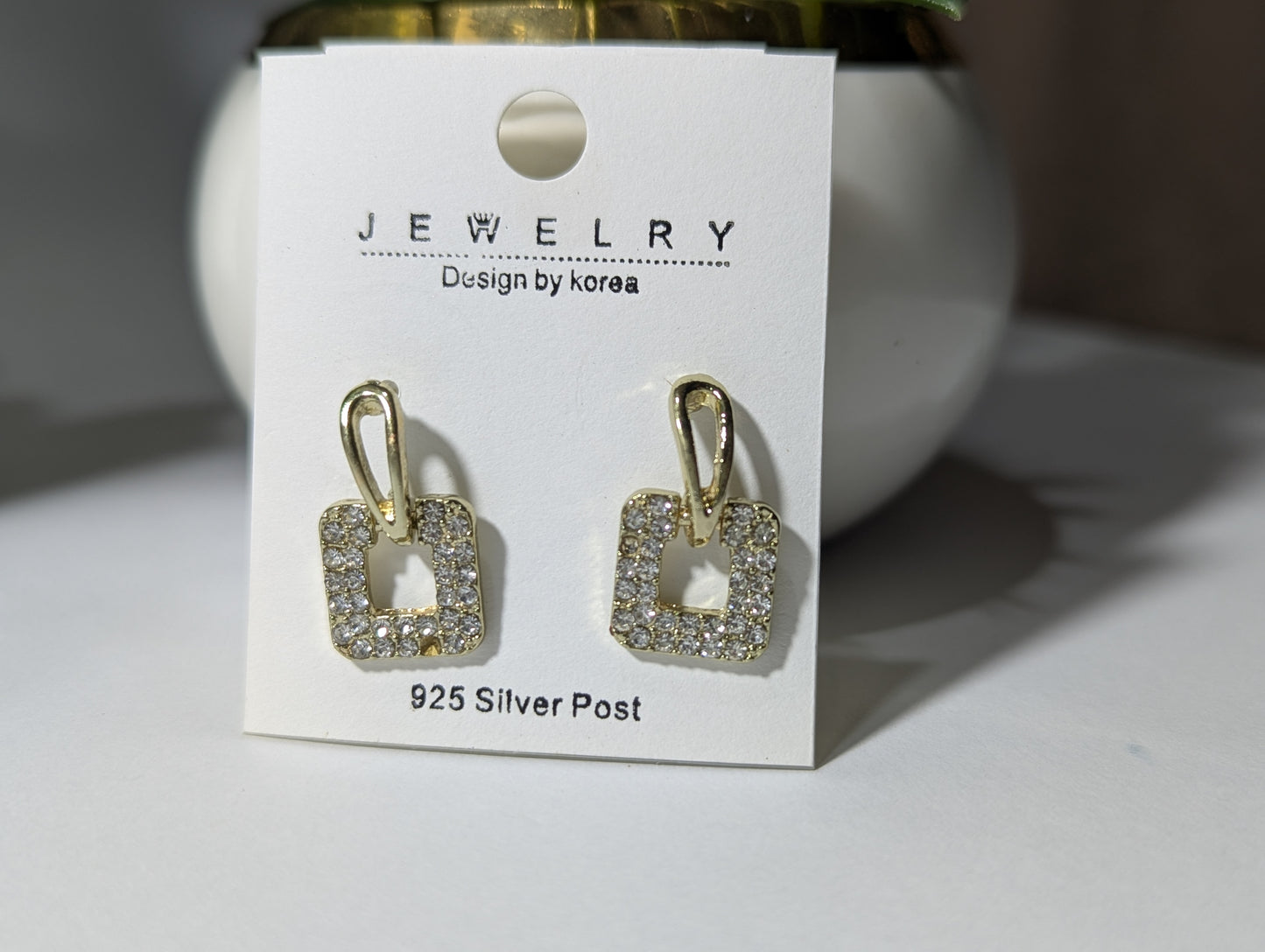 Korean Design Minimalist Pave Square Drop Earrings | Gold Tone