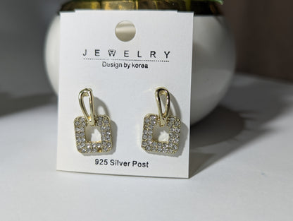 Korean Design Minimalist Pave Square Drop Earrings | Gold Tone