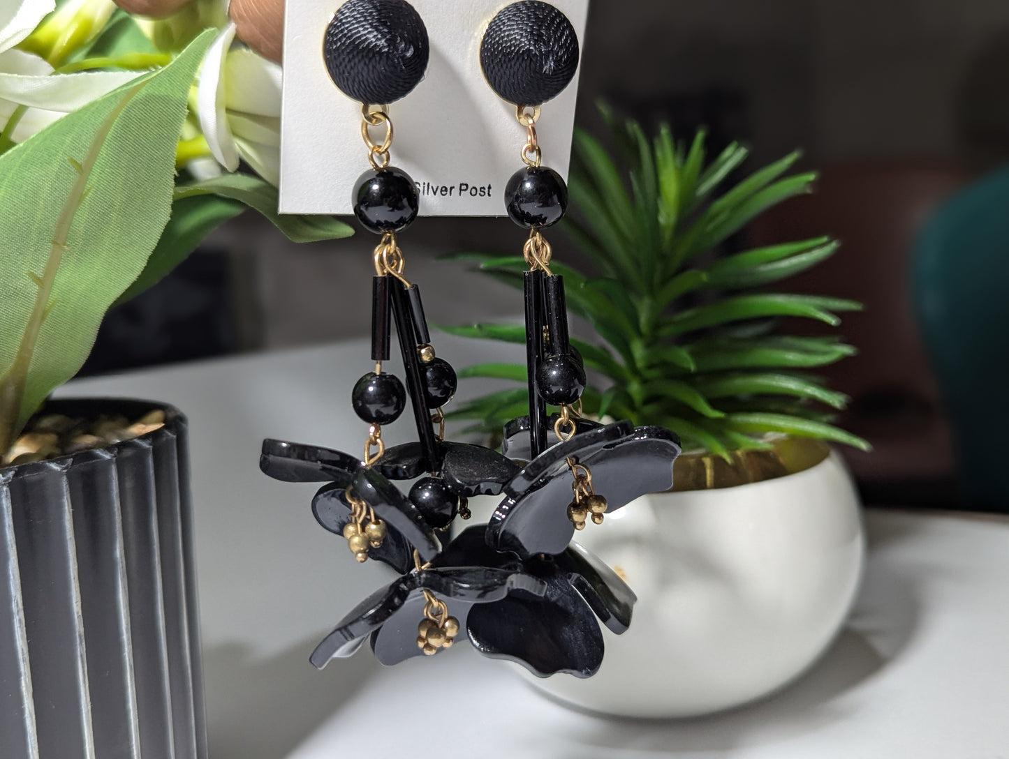 Dramatic Black Acrylic Flower Chandelier Earrings | Oversized Statement Dangles