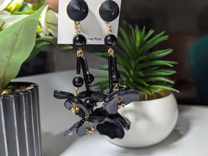 Dramatic Black Acrylic Flower Chandelier Earrings | Oversized Statement Dangles