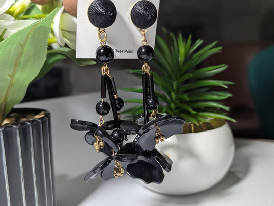 Dramatic Black Acrylic Flower Chandelier Earrings | Oversized Statement Dangles