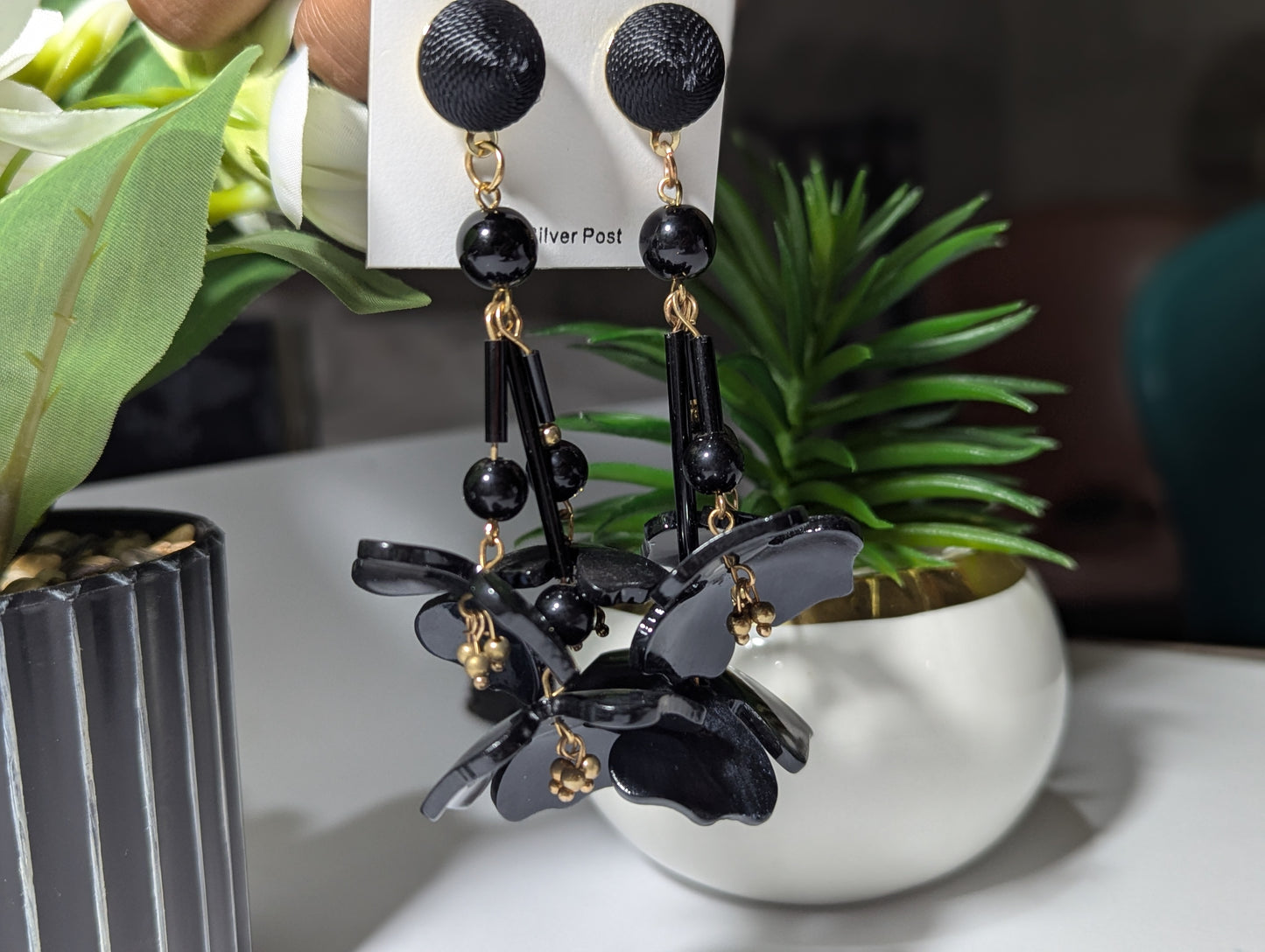 Dramatic Black Acrylic Flower Chandelier Earrings | Oversized Statement Dangles