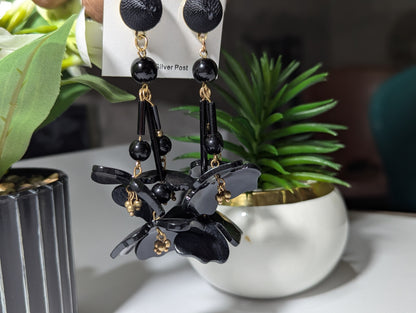 Dramatic Black Acrylic Flower Chandelier Earrings | Oversized Statement Dangles